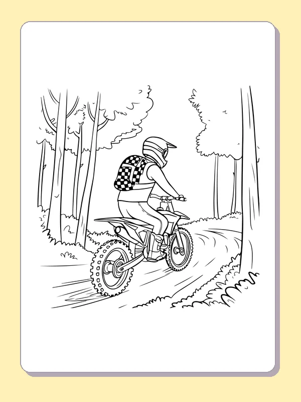 Black and white printable rider following a forest trail coloring sheet