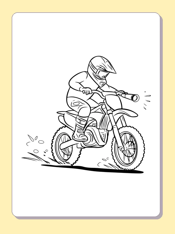 Black and white printable rider kicking up track dust coloring sheet