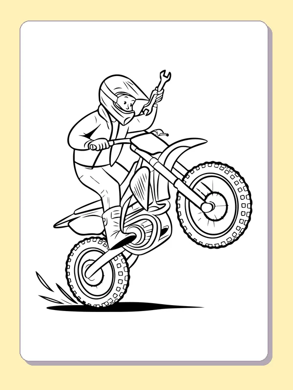 Black and white printable rider lifting the front wheel coloring sheet