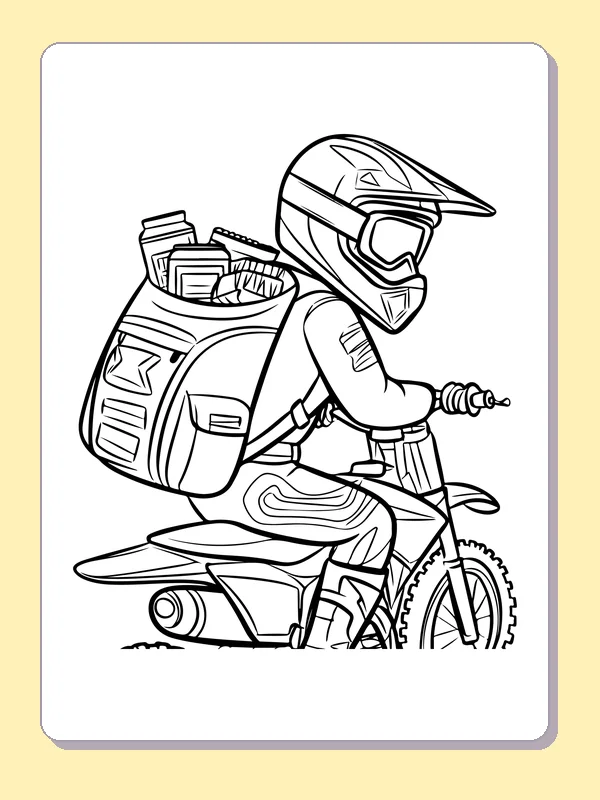Black and white printable rider packing for a motocross trip coloring sheet
