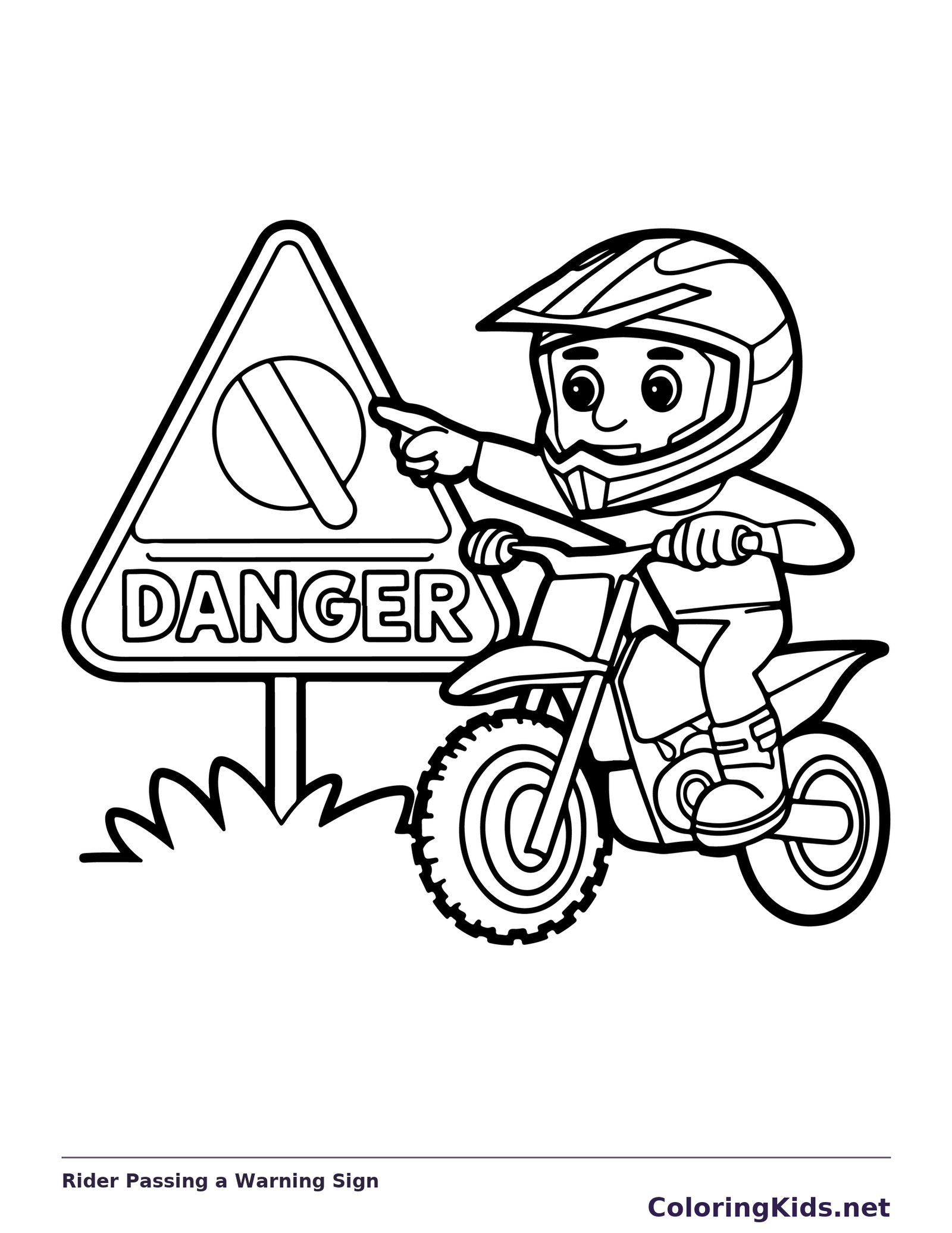 Black and white printable rider passing a warning sign coloring sheet
