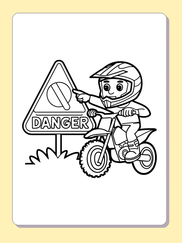 Black and white printable rider passing a warning sign coloring sheet