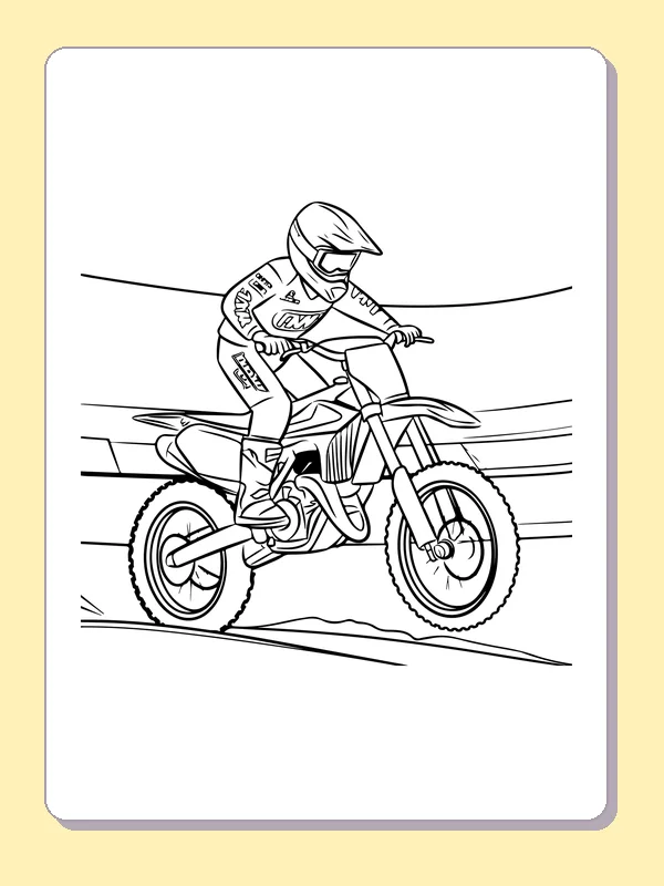 Black and white printable rider racing around a marked track coloring sheet
