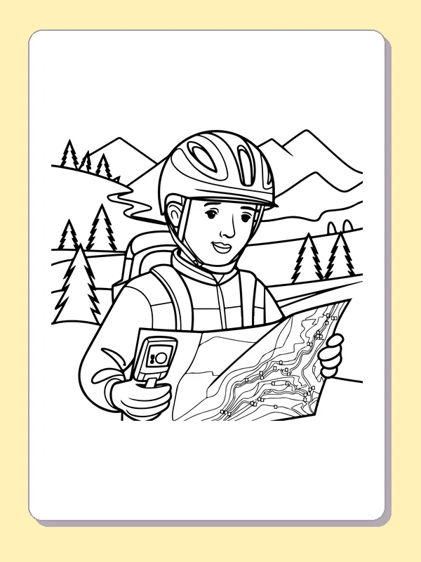 Black and white printable rider reading a trail map coloring sheet