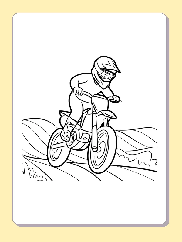 Black and white printable rider riding over a ridge coloring sheet