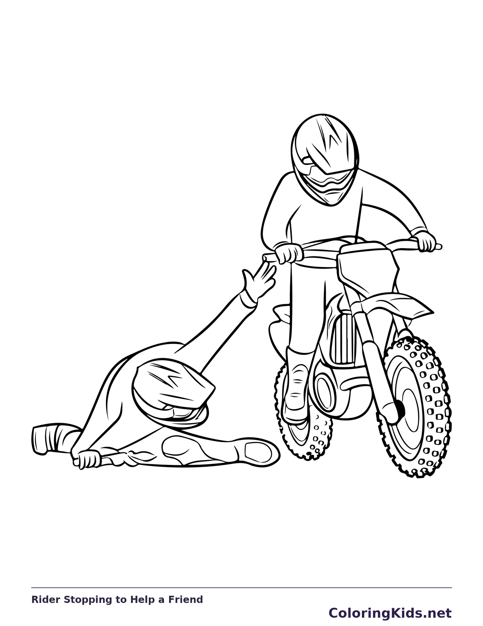 Black and white printable rider stopping to help a friend coloring sheet