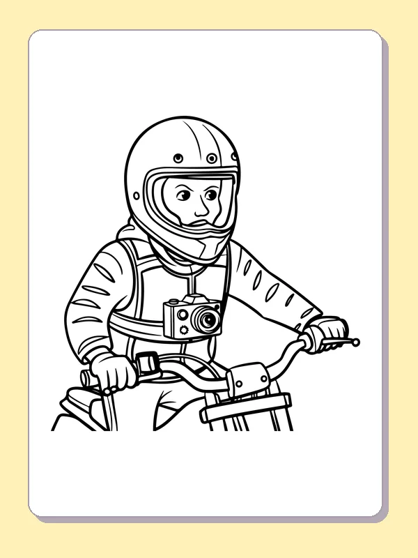 Black and white printable rider with a helmet camera coloring sheet