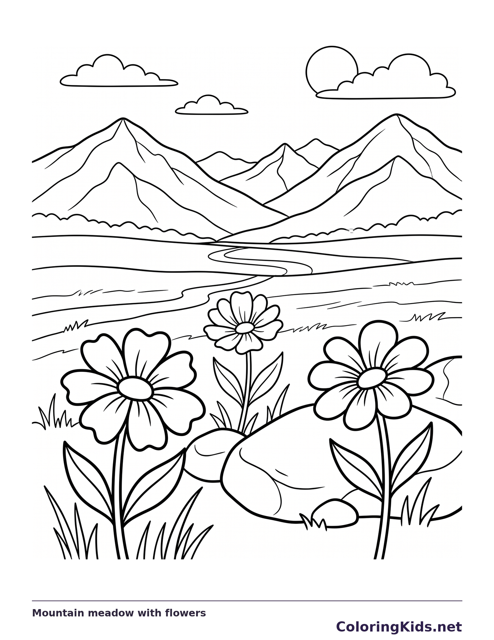 Mountain meadow with flowers mountain coloring page, black and white line art to print or color online