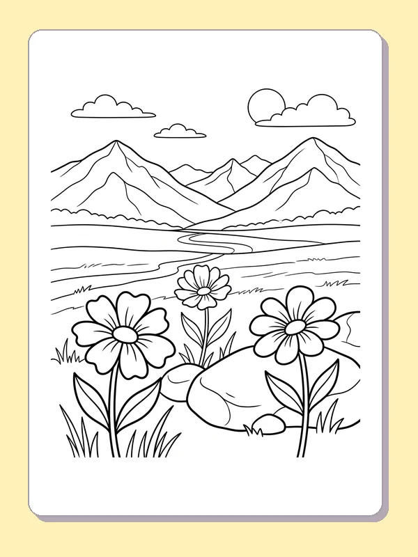 Mountain meadow with flowers mountain coloring page, black and white line art to print or color online