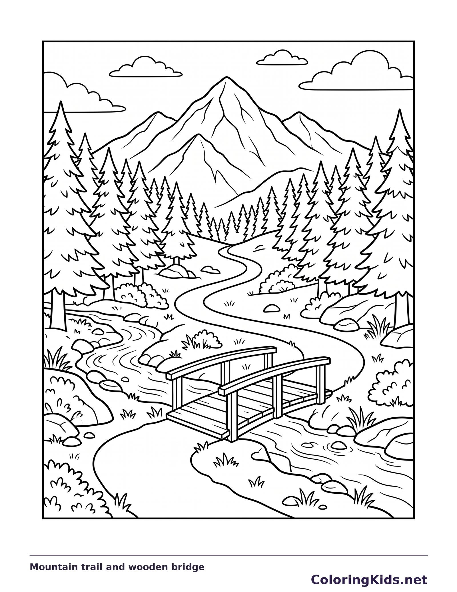 Mountain trail and wooden bridge mountain coloring page, black and white line art to print or color online