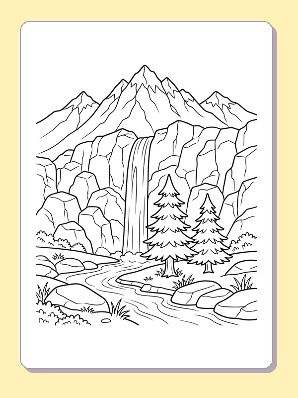 Mountain waterfall mountain coloring page, black and white line art to print or color online