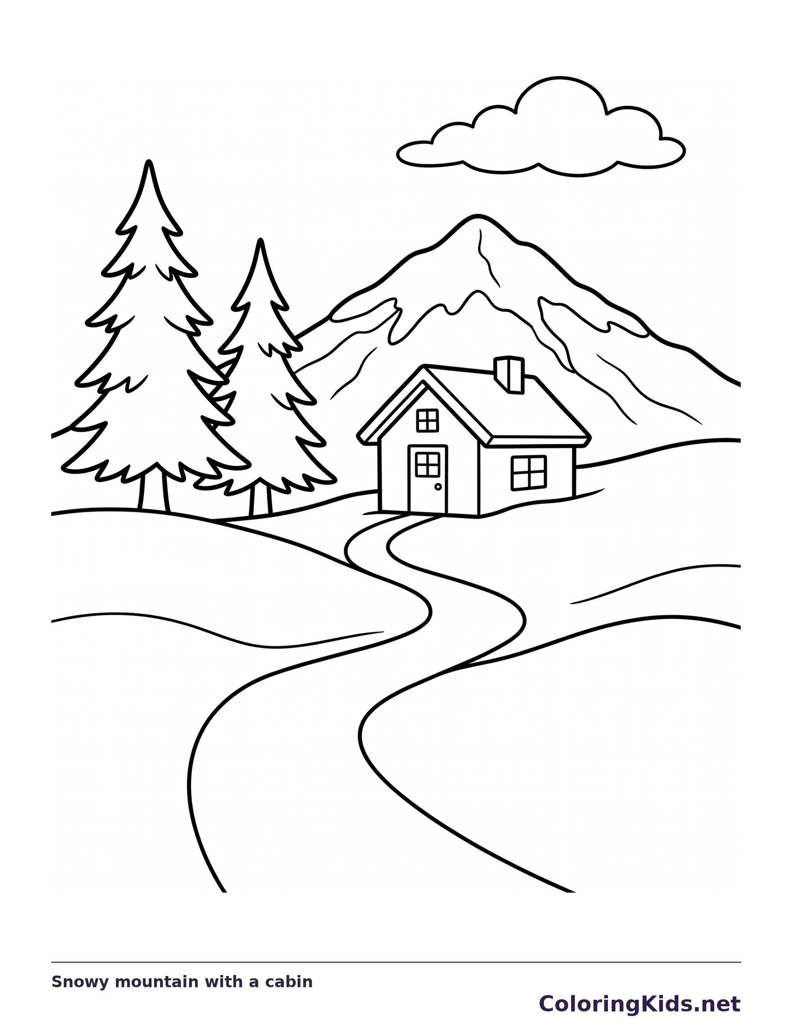 Snowy mountain with a cabin mountain coloring page, black and white line art to print or color online
