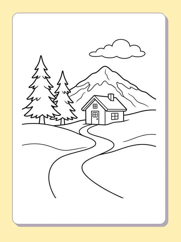 Snowy mountain with a cabin mountain coloring page, black and white line art to print or color online