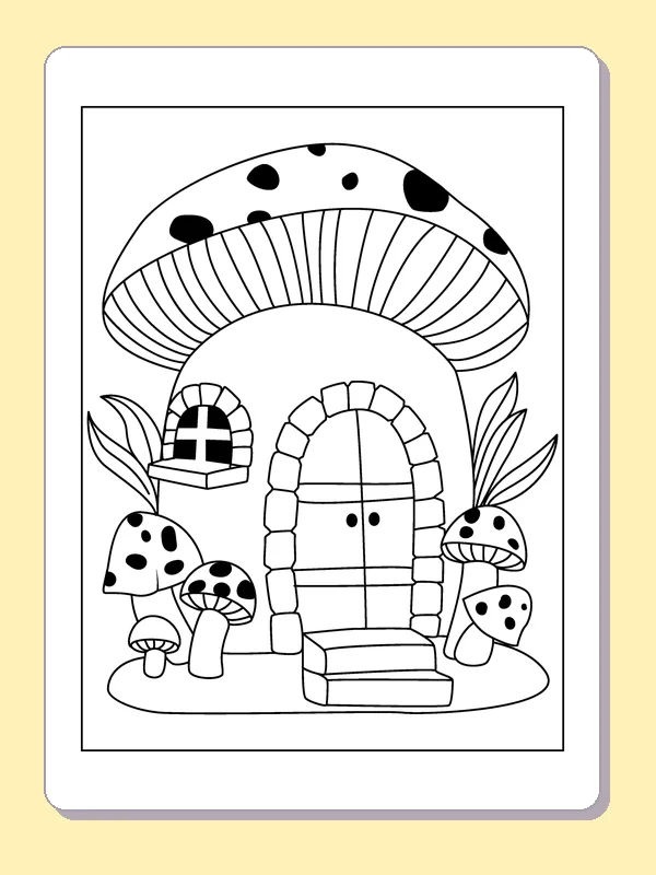 Arched-Door Mushroom House coloring page: black and white line art to print or color online