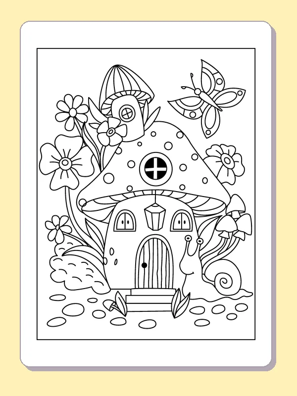 Butterflies at a Mushroom House coloring page: black and white line art to print or color online
