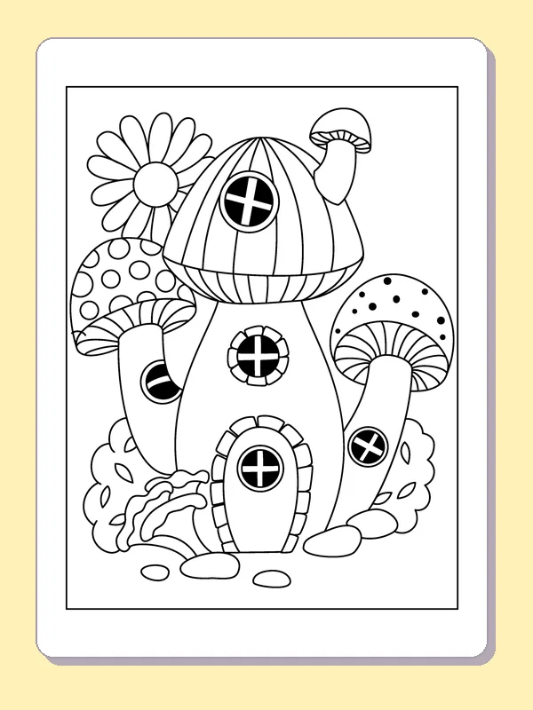 Flower beside a Mushroom Cottage coloring page: black and white line art to print or color online