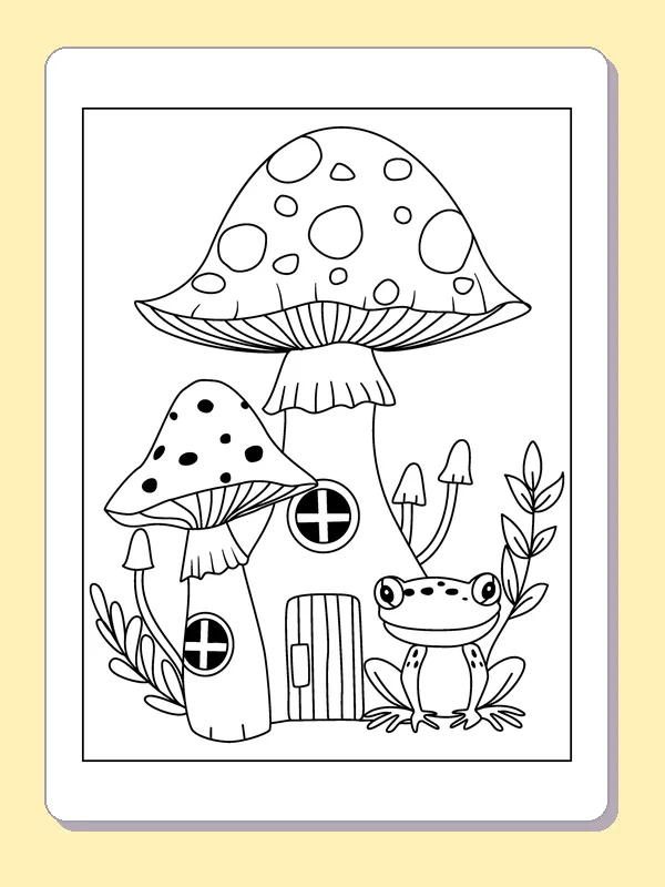 Frog by Mushroom Cottages coloring page: black and white line art to print or color online