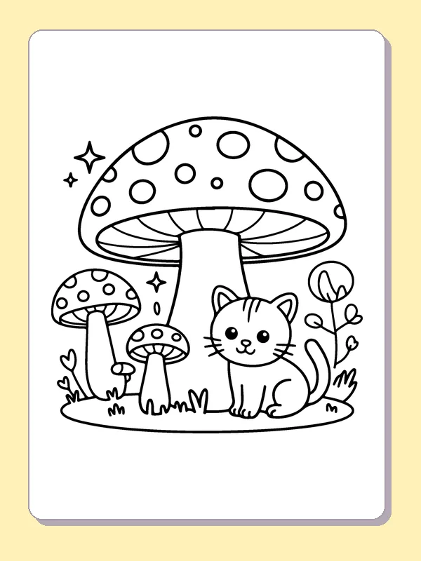 Kitten beside Mushrooms coloring page: black and white line art to print or color online