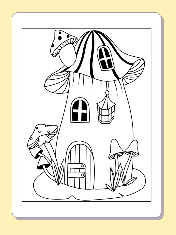 Lantern by a Tall Mushroom House coloring page: black and white line art to print or color online
