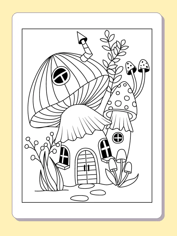 Leaning Mushroom Cottage coloring page: black and white line art to print or color online