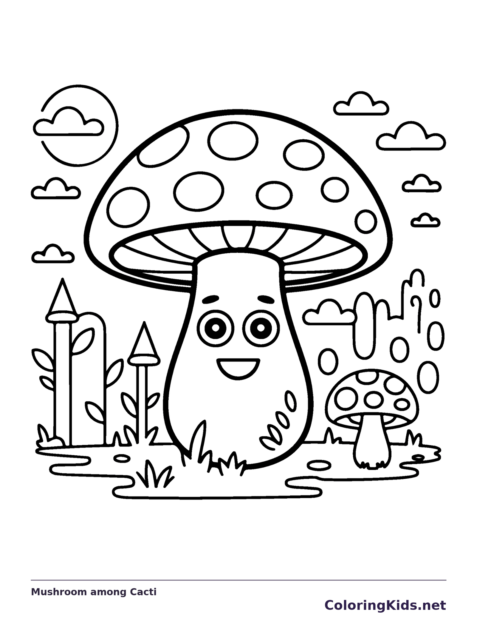 Mushroom among Cacti coloring page: black and white line art to print or color online