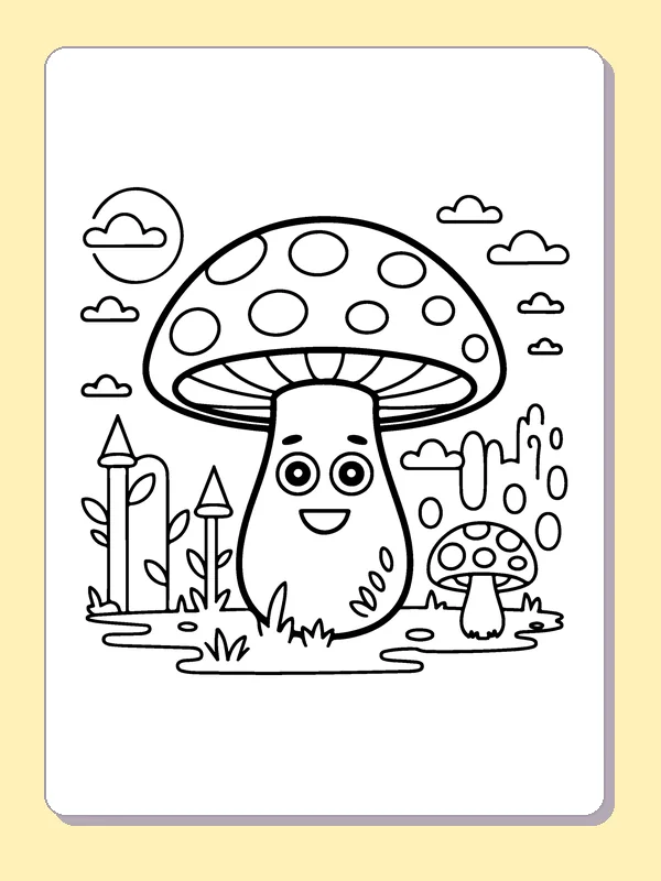 Mushroom among Cacti coloring page: black and white line art to print or color online
