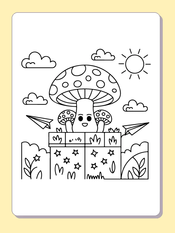 Mushroom behind a Starry Box coloring page: black and white line art to print or color online