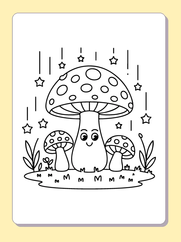 Mushroom beneath Hanging Stars coloring page: black and white line art to print or color online