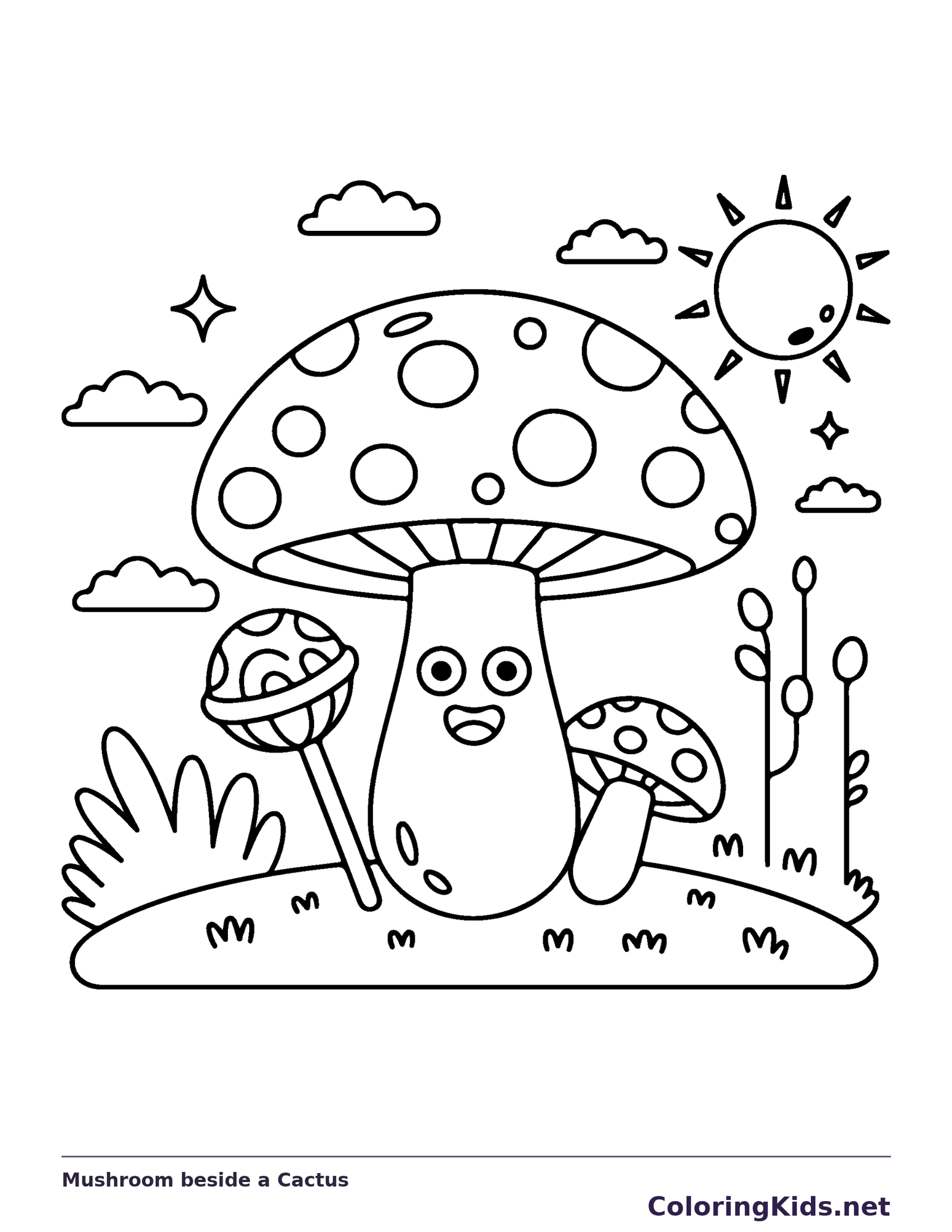 Mushroom beside a Cactus coloring page: black and white line art to print or color online