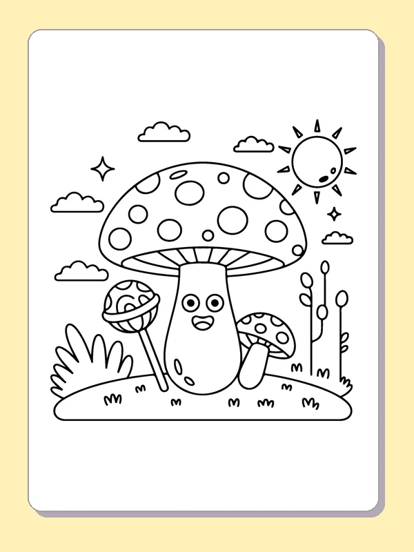 Mushroom beside a Cactus coloring page: black and white line art to print or color online