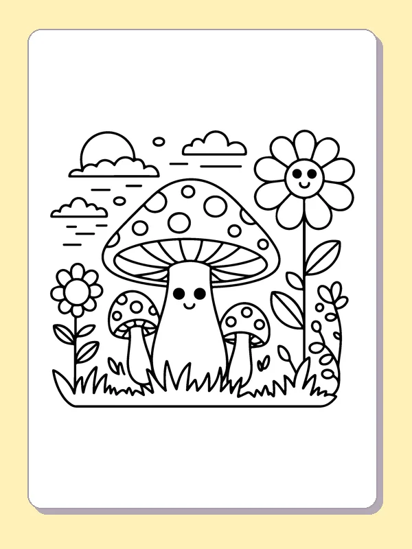 Mushroom beside a Tall Flower coloring page: black and white line art to print or color online