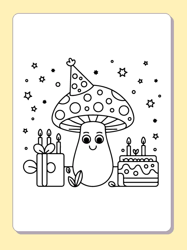 Mushroom Birthday Party coloring page: black and white line art to print or color online