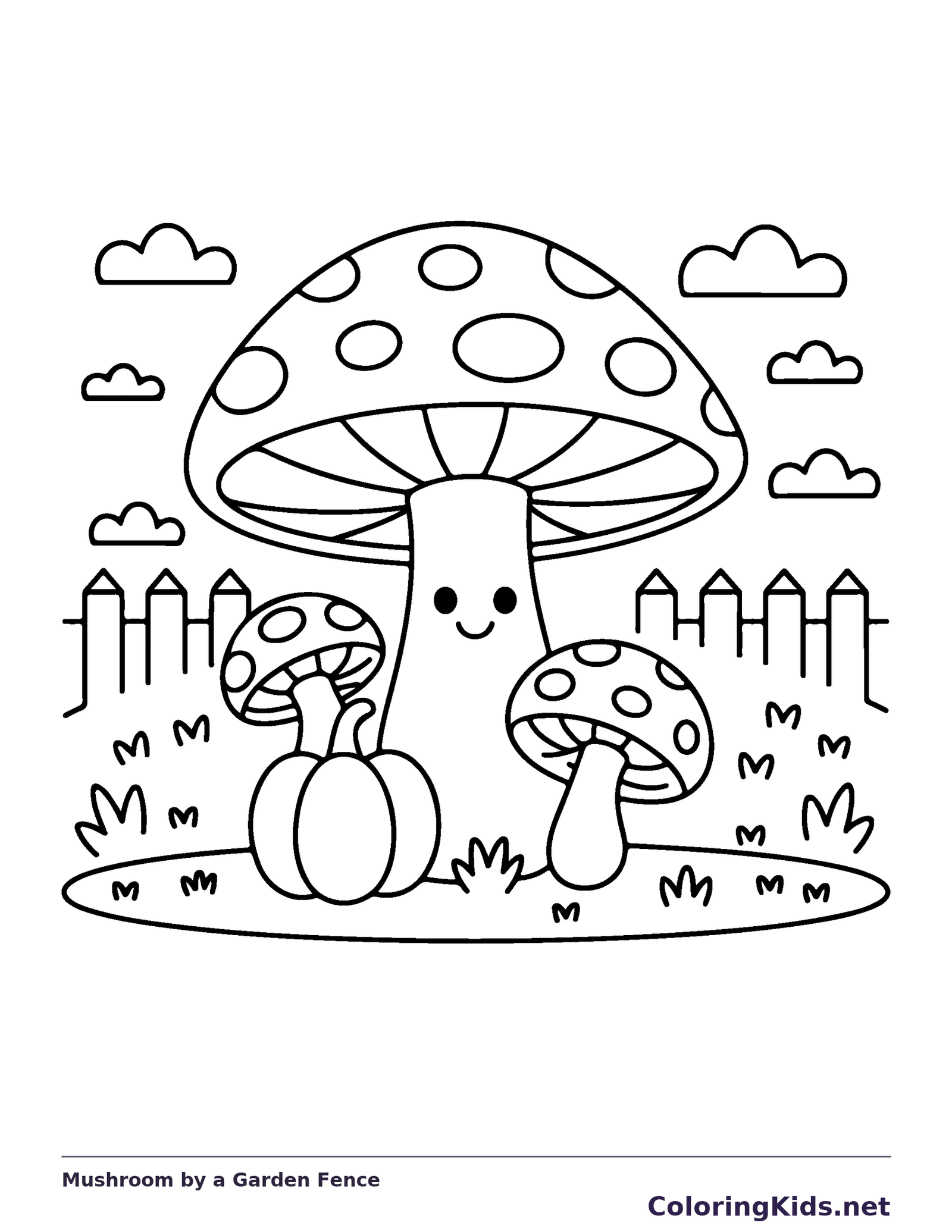 Mushroom by a Garden Fence coloring page: black and white line art to print or color online