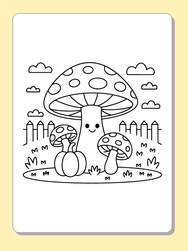 Mushroom by a Garden Fence coloring page: black and white line art to print or color online