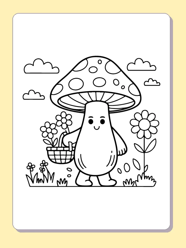 Mushroom Carrying Flowers coloring page: black and white line art to print or color online