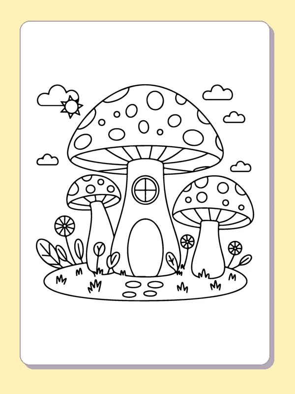 Mushroom House with a Path coloring page: black and white line art to print or color online
