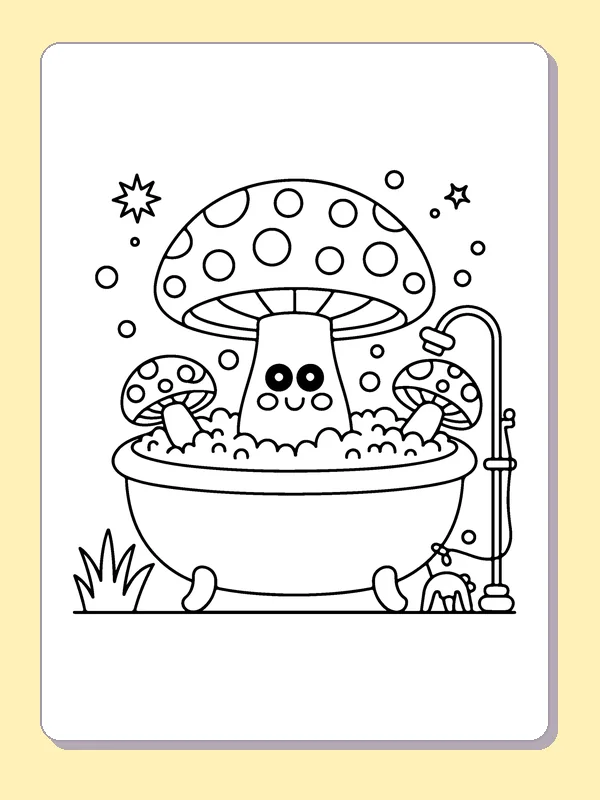 Mushroom in a Bubble Bath coloring page: black and white line art to print or color online