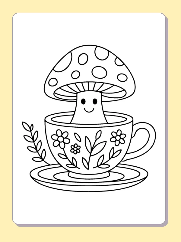 Mushroom in a Flower Cup coloring page: black and white line art to print or color online