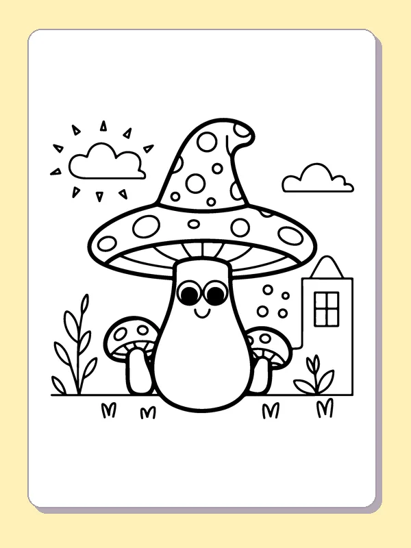 Mushroom in a Pointed Hat coloring page: black and white line art to print or color online