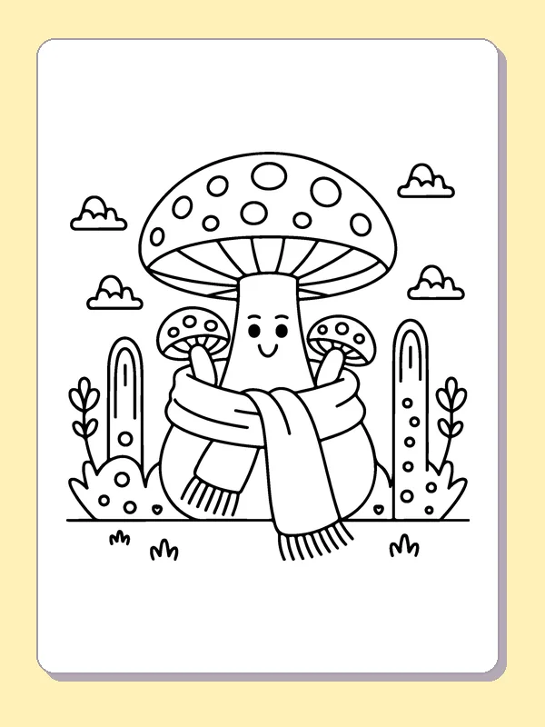 Mushroom in a Winter Scarf coloring page: black and white line art to print or color online