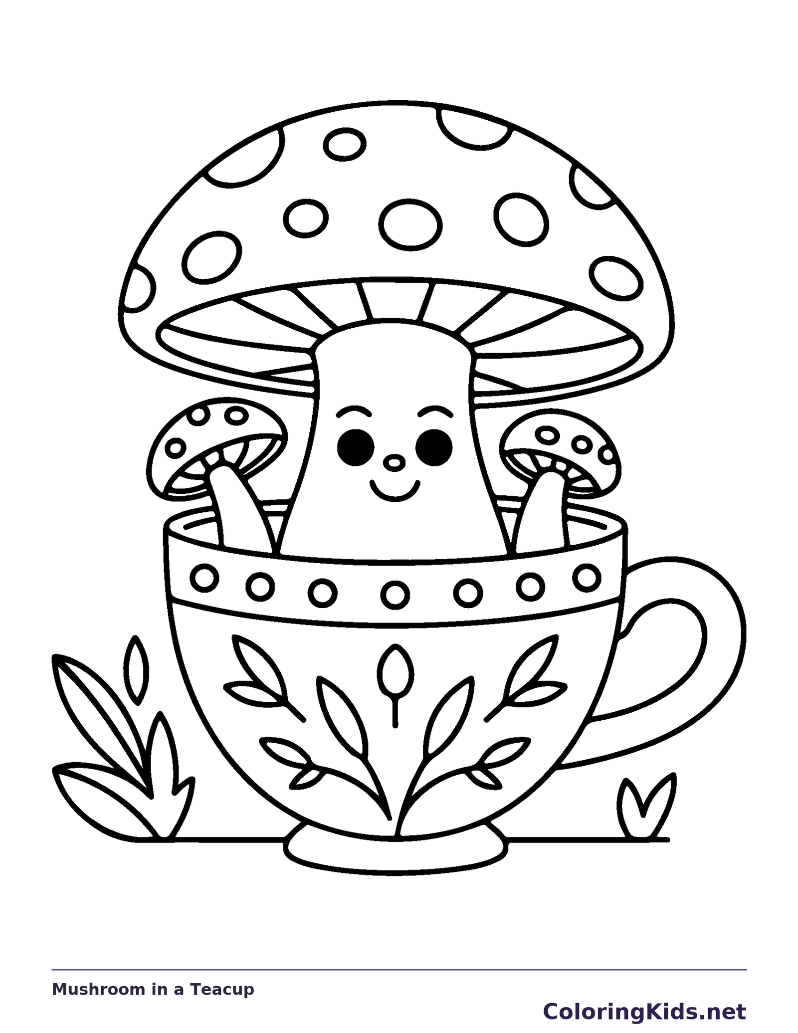 Mushroom in a Teacup coloring page: black and white line art to print or color online