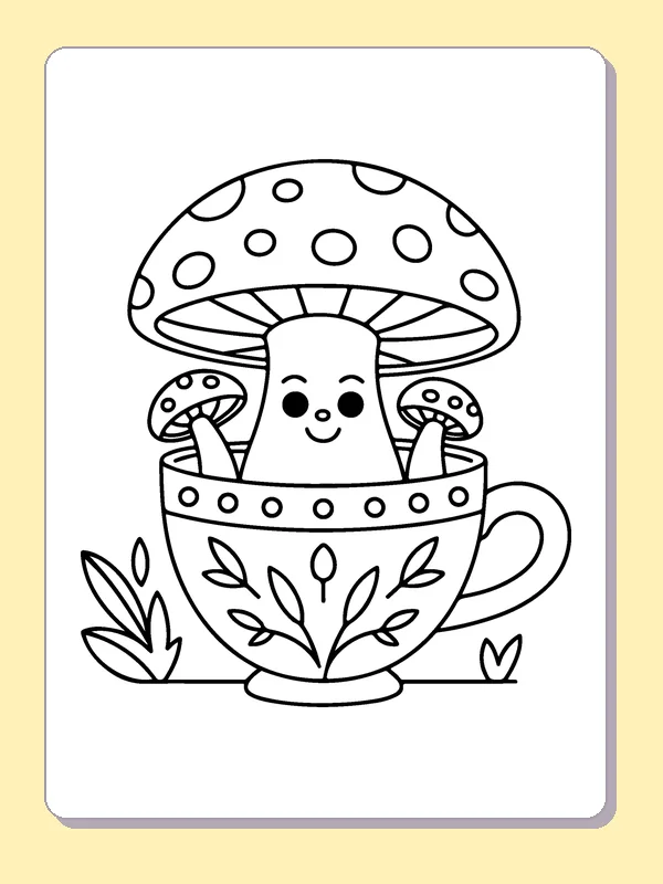 Mushroom in a Teacup coloring page: black and white line art to print or color online
