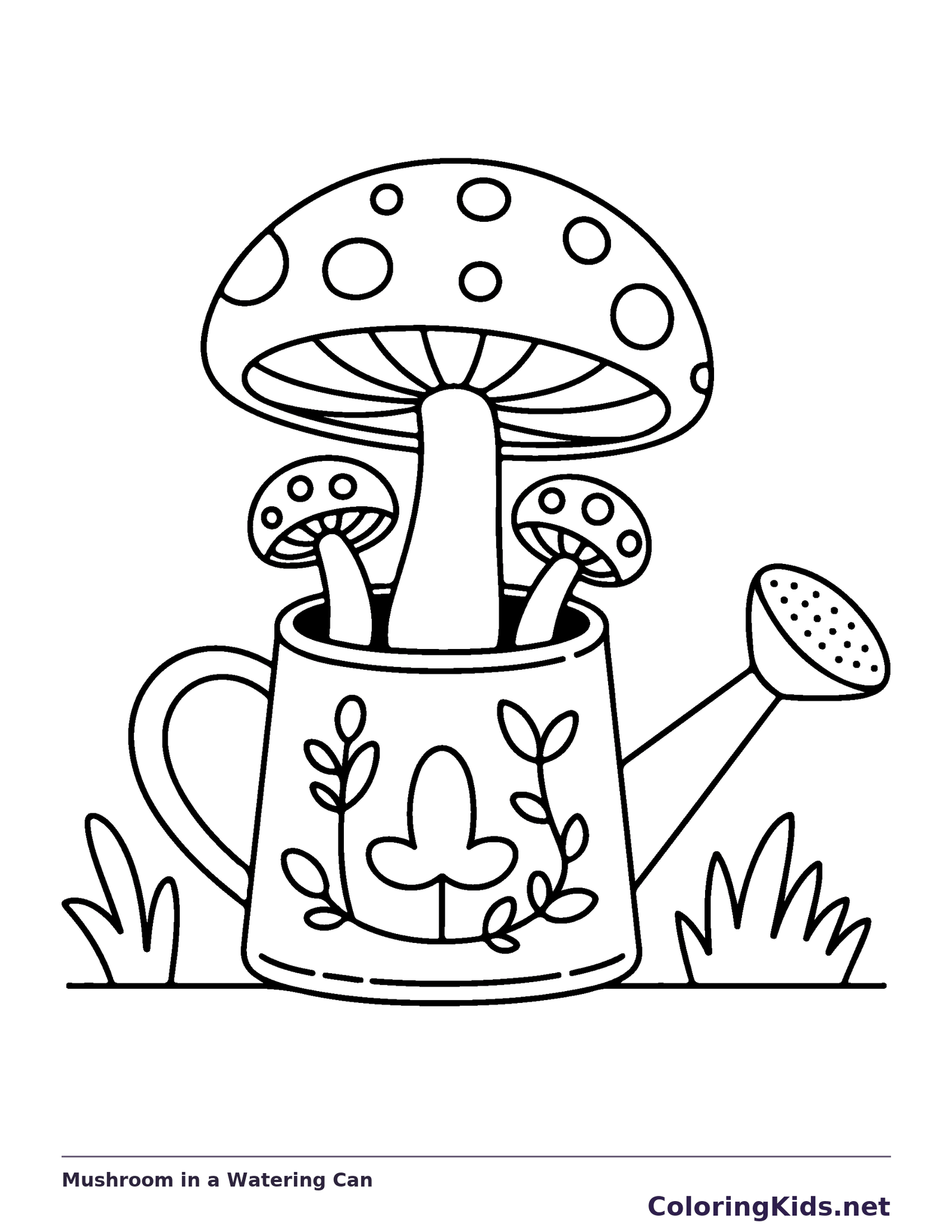 Mushroom in a Watering Can coloring page: black and white line art to print or color online