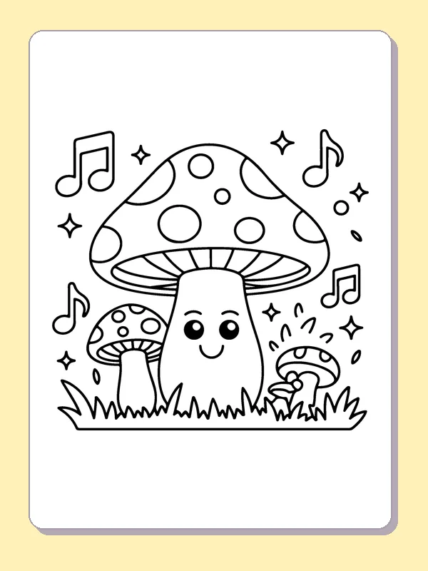 Mushroom Making Music coloring page: black and white line art to print or color online