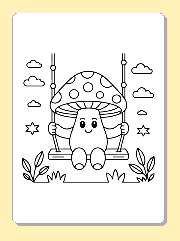 Mushroom on a Swing coloring page: black and white line art to print or color online