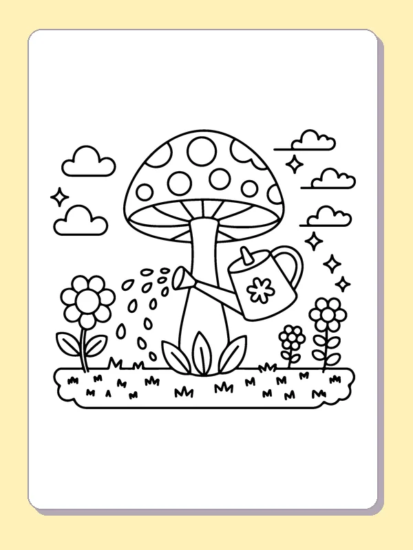 Mushroom Watering Flowers coloring page: black and white line art to print or color online