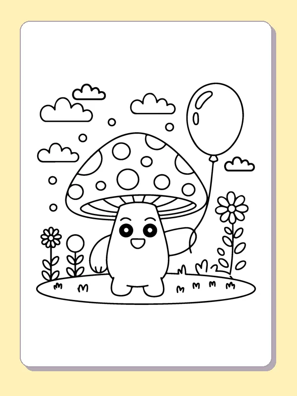 Mushroom with a Balloon coloring page: black and white line art to print or color online