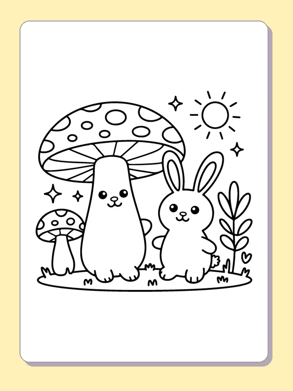 Mushroom with a Bunny coloring page: black and white line art to print or color online
