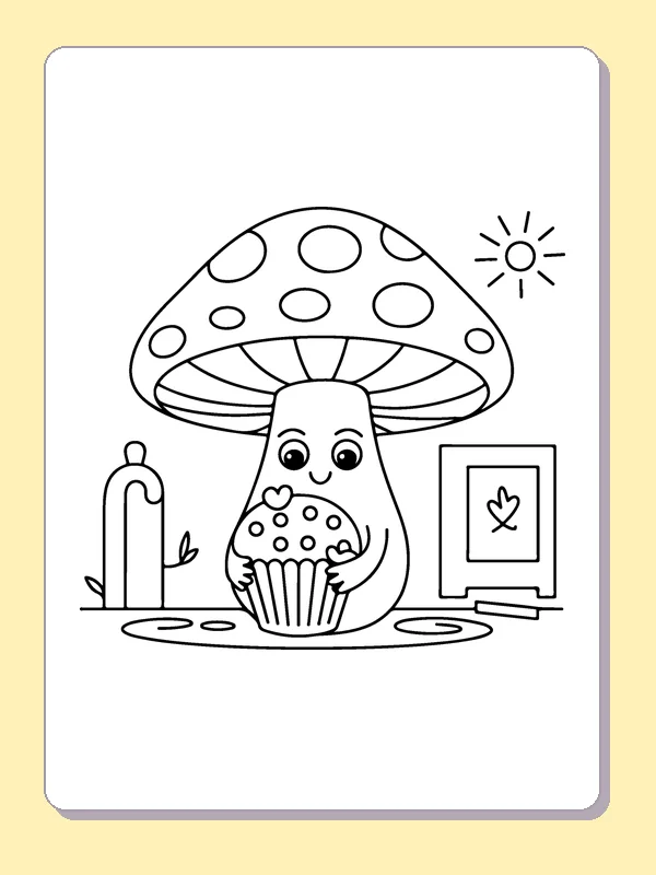 Mushroom with a Cupcake coloring page: black and white line art to print or color online