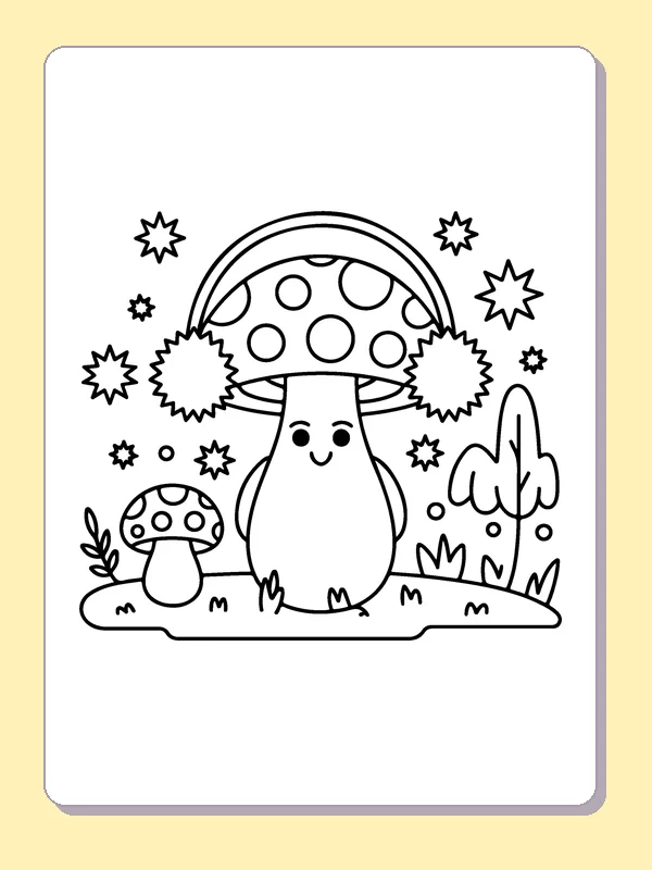 Mushroom with Fluffy Earmuffs coloring page: black and white line art to print or color online